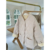 Lamb Wool Splicing Down Cotton Jacket Female Winter 2024 The Korean Version Of Loose Diamond Case Light Warm Cotton-Padded Jacket Padded Jacket Coat-Outfit