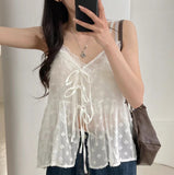 V-Neck Lace-Up Floral Mesh Bow Knot Blouse-Outfit
