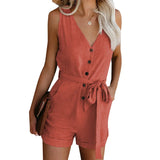 Color Jumpsuit Women's Summer Cotton Blend Casual V-neck Bow