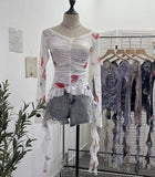 Real Shot One-字 Collared Shoulder Long-Sleeved Mesh Printing Top Irregularly Folded Lotus Leaves With Short T-Shirt