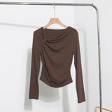 Side Bow Tie Design Folded Long-Sleeved T-Shirt Slim Thin Autumn Dress T-Shirt Short Top