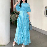 Fongt Women's Summer Design Sensing Splicing Round Collar Horn Sleeves To Close The Waist Thin Lace Lotus Side Dress