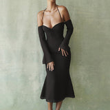 Fongt High Waist Hanging Neck Sexy Back Solid Color Slim Fish Tail Temperament Dress Long