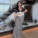 Fongt Knitted Suit Woman Sexy V-Necked Leaf Sleeve Top + Striped Ass Skirt Two