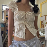 Style Hot Girl Wind Tie Bow Bow Engraved Square Collar Bubble Sleeve Blouse Jacquard Girl T-Shirt-Outfit