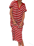 Fongt Summer Dress Women's V-Neck Stripe Low Slit Lapel Long Sweater Even-Outfit
