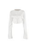 Satin Long Sleeve Buttoned Crop Blouse-Outfit