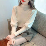 Korean Version Semi-High Round Collar Design Bubble Sleeve Knitted Sweater Autumn And Winter New Foreign Style Pullover Women's Dress-Outfit
