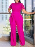 Fongt Women's Sexy Lace Lace Hollow Short-Sleeved Strap High-Waisted Broad-Legged Jump-Legged Jumpsuit