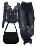 Slim Long Sleeve Tee + Boyfriend Jeans + Canvas Satchel Bag-Outfit