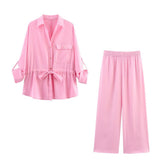 Fongt Women's 2025 Summer Drawstring Long-Sleeved Shirt + Casual Pants Set Women's B88851/2F