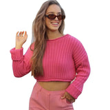 Women Ribbed Sweater Sexy Crop Sweaters 2022 Autumn Winter Loose O-neck Pullover Female Solid Long Sleeve Lady