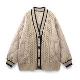 And Winter New Tricolor Knitted Spliced V-Collar Loose Version Cotton Jacket-Outfit