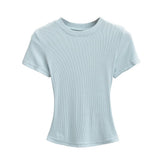 Trend Women's Wear Thread Slim Short-Sleeved T-Shirt Sexy Round Collar Solid Color Shoulder Show Thin Short Navel Blouse-Outfit