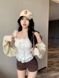 Fongt Temperament Babes White Slings Summer New Wear Lace Sexy Vest Short Sleeveless Top
