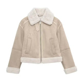 Beige Fur Lining Turn-Down Collar Biker Jacket-Outfit