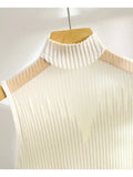 Knitted Top Women Y2K Tank Top Half Neck Vest Female Sleeveless Sweater Chic Cut Out Streetwear Solid Skinny White Tube-Outfit