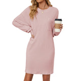 New Round Collar Solid Color Pocket Loose Long-Sleeved Dress Women-Outfit