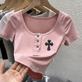 Square Collar Crop Tops Black Cross Appliques Solid T Shirts Skinny Basic Office Lady Streetwear Summer Casual Korean Ins-Outfit