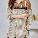 Loose Hooded Striped Blouse Women's Clothing Letter Knitted Patchwork 2023 Spring Autumn Casual Drawstring Pockets Shirt-Outfit