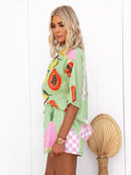 Fongt Casual Women's Shorts Two-Piece Fashion Print Shirt 3002