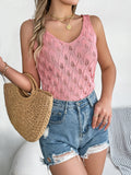 Shooting Summer New Solid Color V-Neck Hollow Leaves Sleeveless Knitted Shirt Holiday Vest Women's