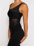 Mesh Sheer See Through Patchwork Tank Exposed Navel Tops Summer Streetwear Sexy Women Irregular Hem Black Mini Vests-Outfit