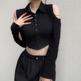 Fongt Women's Ins Academy Wind Pure Desire Show Shoulder Chain Decoration Breasoned Collar Long Sleeve Shirt Top-Outfit