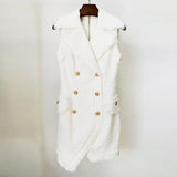 QUALITY Newest 2022 Fall Winter Designer Fashion Women Sleeveless Fringed Tweed Notched Lapel Asymmetrical