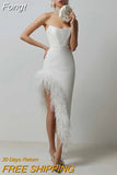 2023 New Summer Women'S Strapless Feather Design Sexy Tight Split Bandage Dress Elegant Celebrity Party Dress
