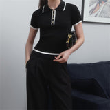 Fongt Short-Sleeved Collar Top 2024 Summer New Thread Tightness Temperament Knitted