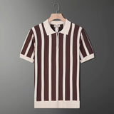 Fongt Summer Short-Sleeved Men's Korean Version Of Retro Striped Personality Zipper Half-Sleeved Knitted Shirt Casual T-Shirt Man's Tide
