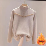 Women Winter Mock Neck Plush Lined Sweater Casual Thicken Warm Knit Tops Korean Slim Pullover Soft Plus Velvet Knitwear
