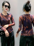S-3XL New Vague Printing Mesh T-shirt Women's Round Neck Long Sleeve High Stretch Light Fabric Tees Tops-Outfit