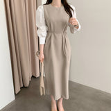 Fongt Korean Chic French Temperament Color Splicing Sleeve Women's Skirt Autumn Bubble Sleeve Waist With Round Collar Dress-Outfit