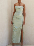 Satin Draped Tube Bodycon Maxi Dress-Outfit