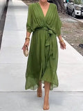 Fongt New Women's Solid Color With Long Skirt Bat Sleeve Irregular Dress Large