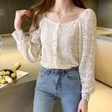 Style Elegant Lace Blouse Shirt Women Spring Square Collar Long Sleeve Hollow Out Floral Feminine Blouses Tops