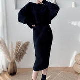2022 New Fall/Winter Bat Sleeve O-Neck Soft Sweater + Women's Knitted Vest Long Dress Two-Piece Dress