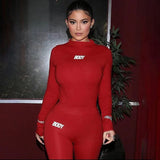 Red Sporty Bodycon Matching Sets Women Letter Print Long Sleeve 2 Piece Outfit Workout Bodysuit And Leggings