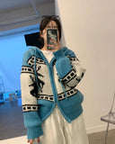 Deer Jacquard Hooded Knitting Zipper Cardigan-Outfit