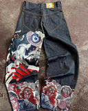 Ancient Bat Pattern Embroidered Loose Jeans Men's Street Y2K Pants Lazy Jeans-Outfit