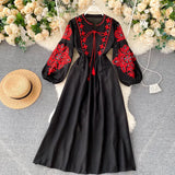 Embroidery Flowers Round Collar Lantern Sleeves Wrinkled Loose Show Thin Dress Women-Outfit