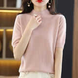 Fongt And Summer Loose And Versatile Wool Knit Short Sleeve Women Plus-Size Round-Neck Solid Color Bottom Knit T-Shirt Thin-Outfit