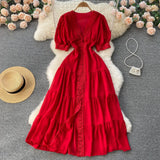 Retro Court Lace Lace V-Collar High-End Dress Waist Short-Sleeved Single-Breasted Long Skirt-Outfit