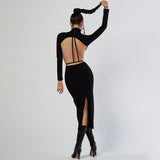 Sexy Women Backless Midi Dress Turtleneck Long Sleeve Elegant Slim Dresses 2021 Autumn Black Casual Basic Bodycon