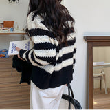 Fongt Waxy Small Fragrant Wind Sweater Coat Female 2024 New Design Sense Small Black And White Striped Knit Cardigan Short Female-Outfit