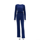 Fongt New Early Autumn 2023 Small Fragrant Wind Long-Sleeved T-Shirt Two-Piece Slim Blue Pleated Wide-Leg Pants Suit-Outfit