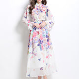 Fongt Senior Sense With Lantern Sleeve Print Chiffon Top Female High Waist Hanging Large Skirt Suit