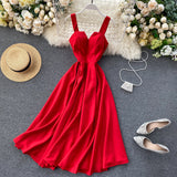 New Design Sense Careful Machine V Collar Back Retro Solid Color Waist Show Thin Hem Long Dress Women's Dress-Outfit
